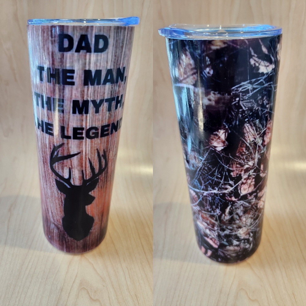 "Dad the man the myth the legend" 20oz stainless steel tumbler, deer, camo